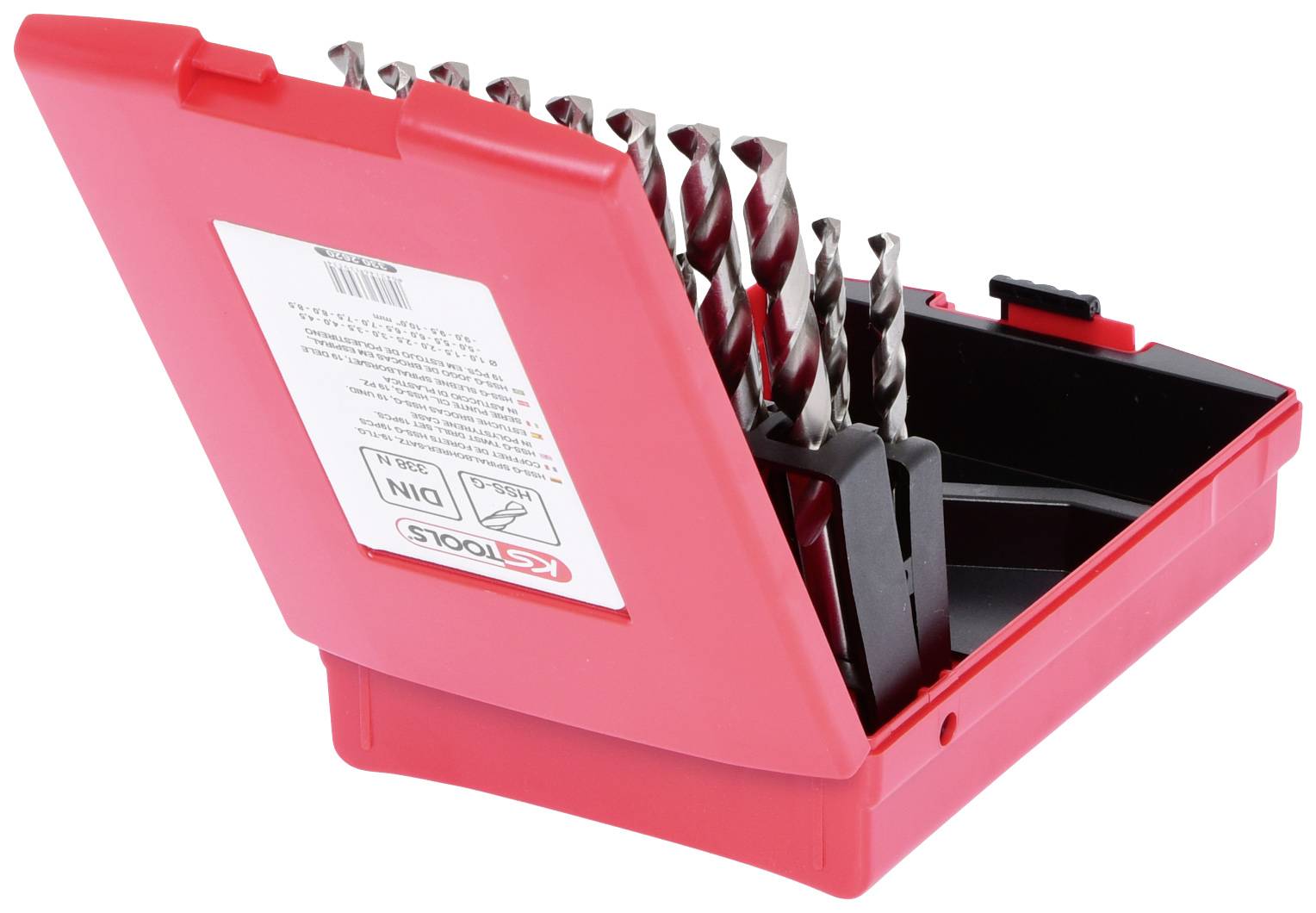 Rotes Etui mit geöffnetem Deckel, das einen Satz Metallbohrer in verschiedenen Größen zeigt. Eignet sich für präzises Bohren.