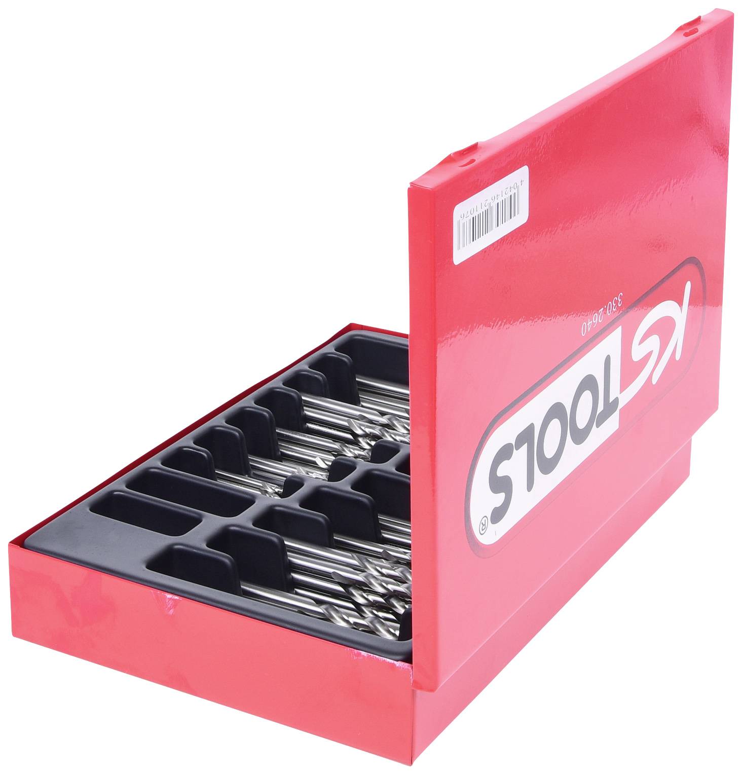 Offene rote Metallbox mit Bohrer-Set in verschiedenen Größen. KS Tools-Logo auf dem Deckel. Werkzeugaufbewahrung und Organisation.