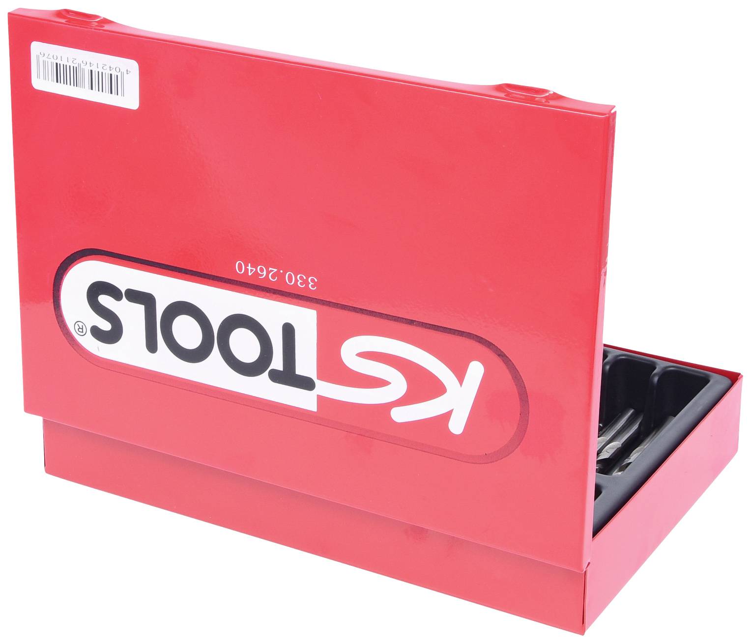 Rote Metallbox mit der Aufschrift 'KS TOOLS'. Die Box ist teilweise geöffnet und zeigt ein schwarzes Inlay für Werkzeuge.
