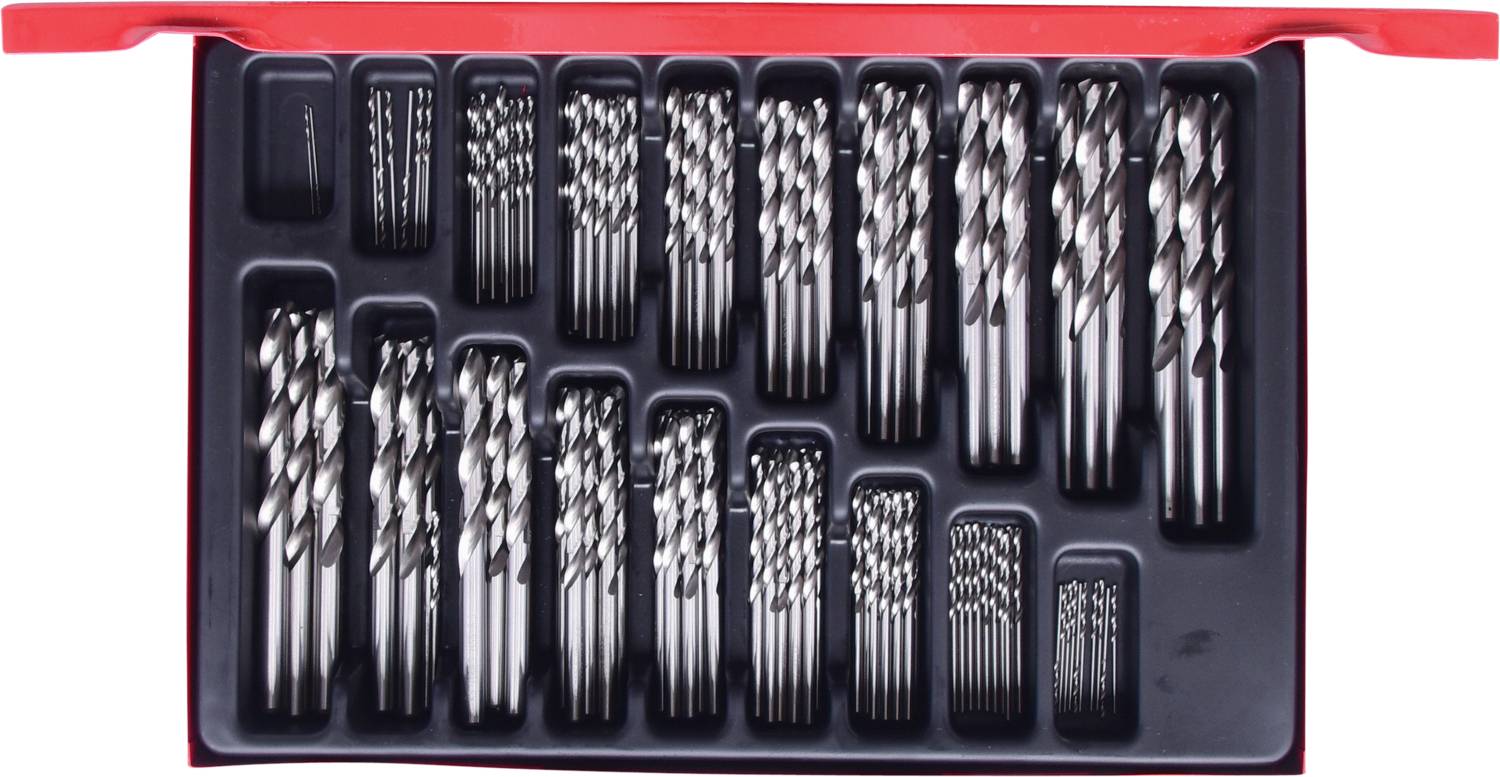 Bohrer-Set in rotem Koffer, verschiedene Größen.