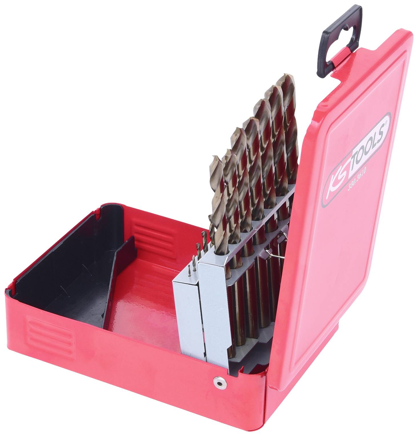 Roter Koffer mit Bohrersatz. Verschiedene Größen von Metallbohrern in Halterung. Geöffnet für Übersicht.