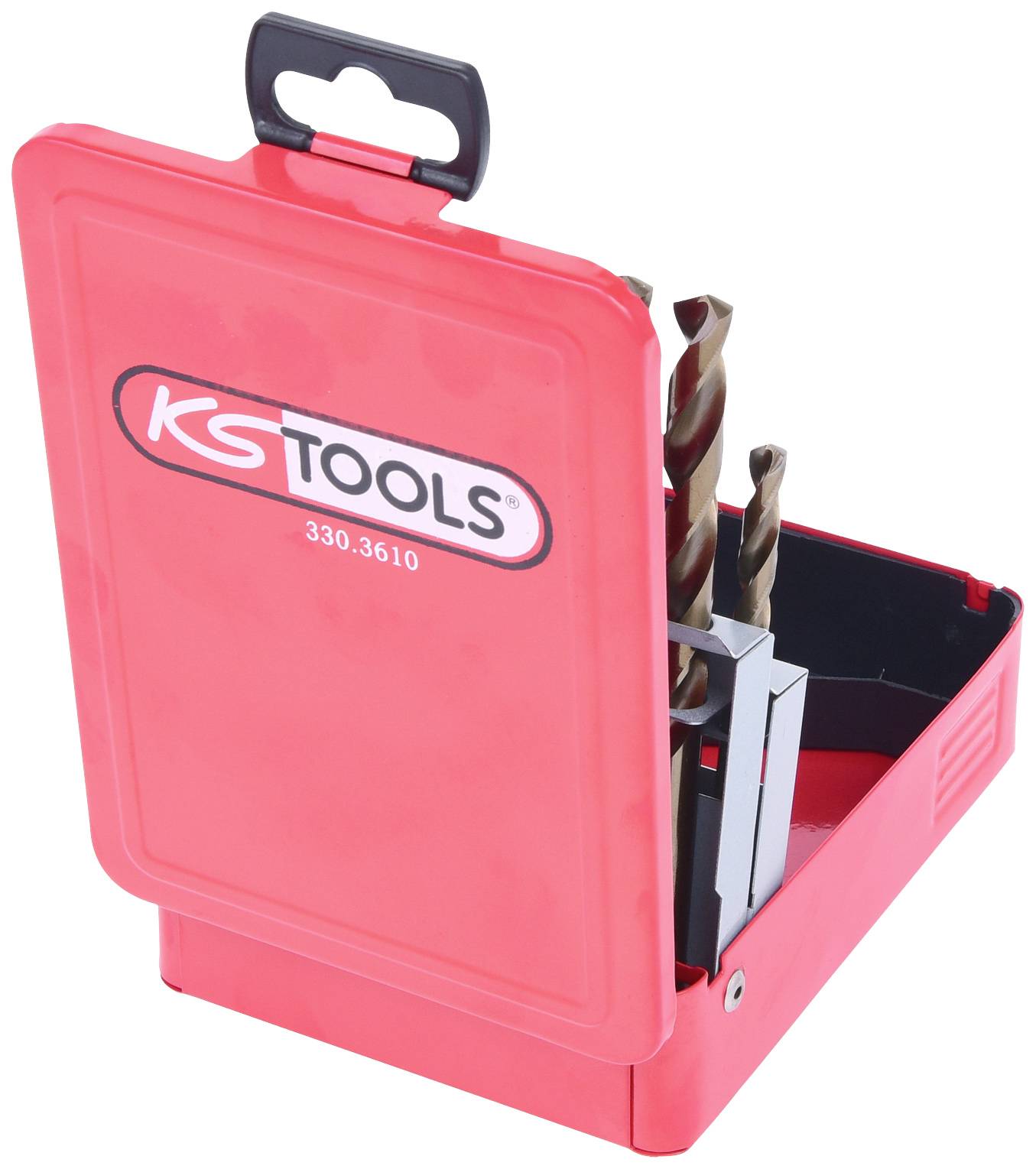 Roter Bohrer-Kasten mit der Aufschrift 'KS Tools'. Geöffnet zeigt er zwei Bohrer unterschiedlicher Größe, die für Metallarbeiten gedacht sind.
