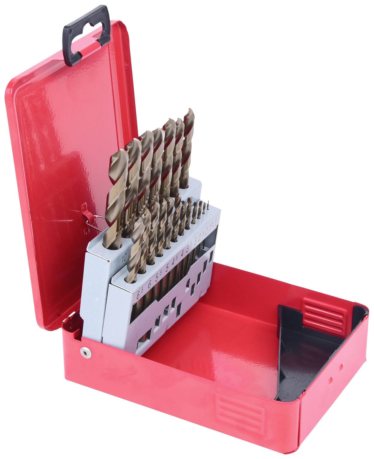 Ein rotes, offenes Etui enthält ein Set von Metallbohrern in verschiedenen Größen, geordnet in einer Halterung.