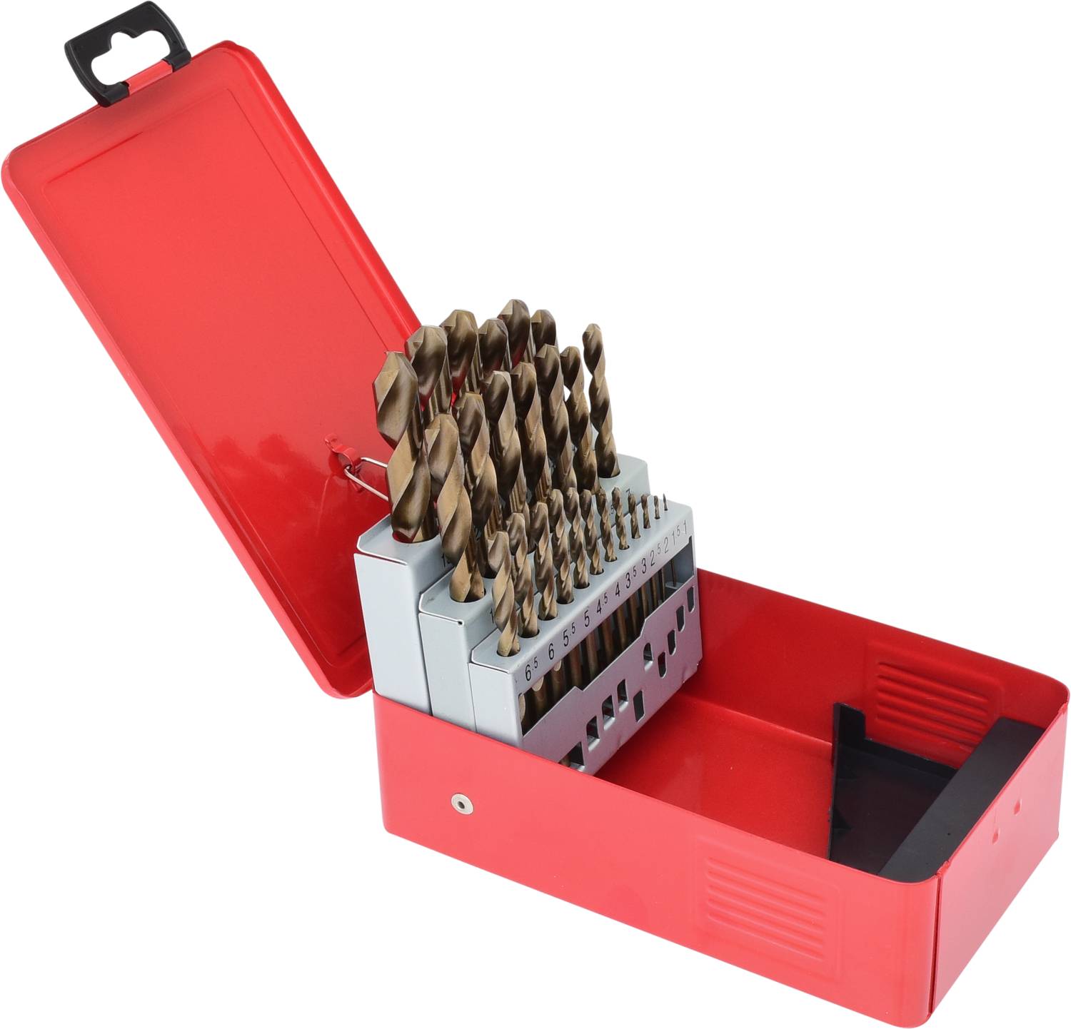 Ein offener roter Metallkasten mit einem vollständigen Satz Spiralbohrer in verschiedenen Größen, ordentlich angeordnet.