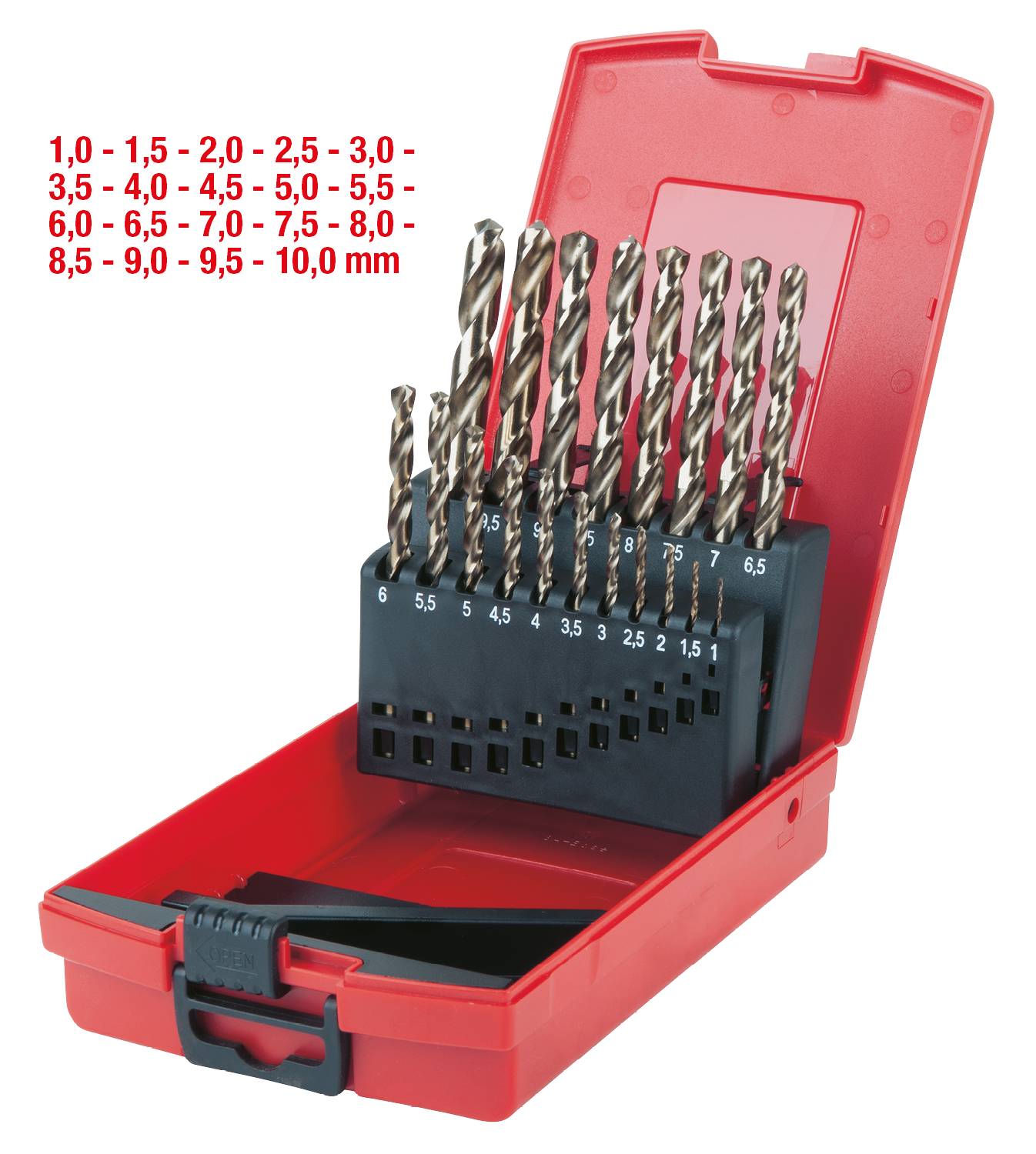 Ein roter Werkzeugkasten geöffnet zeigt 19 Bohrer unterschiedlicher Größe von 1,0 mm bis 10,0 mm. Die Bohrer sind in einem Halter angeordnet.