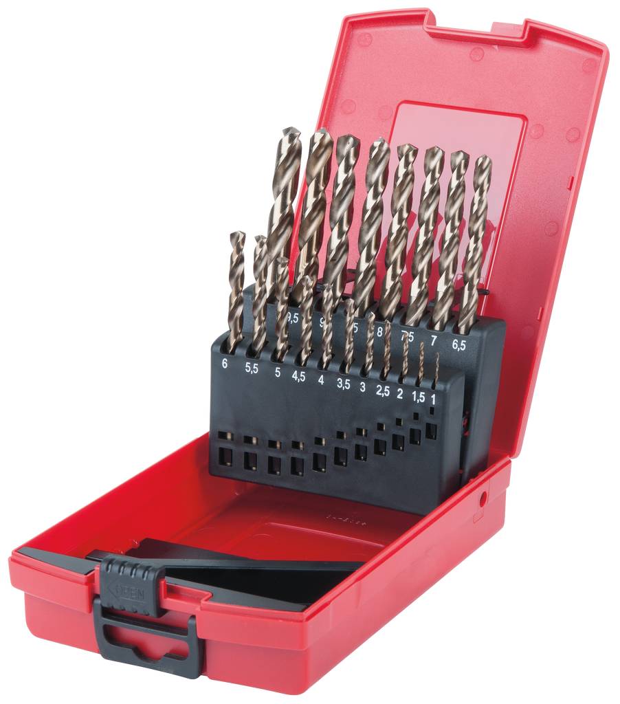 Ein Satz Bohrer in einer roten, geöffneten Box. Die Bohrer sind nach Größe sortiert von 1,5 bis 10 mm.