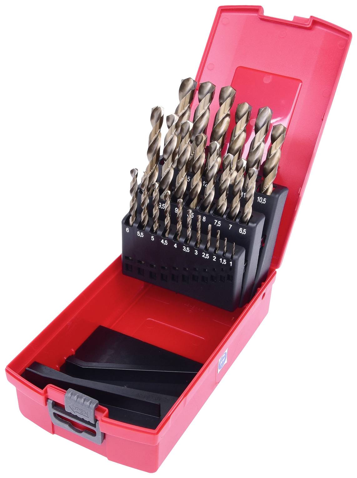 Bohraufsatz-Set in einer roten Box mit verschiedenen Größen, von 1 mm bis 10 mm, nummeriert und organisiert in zwei Reihen.