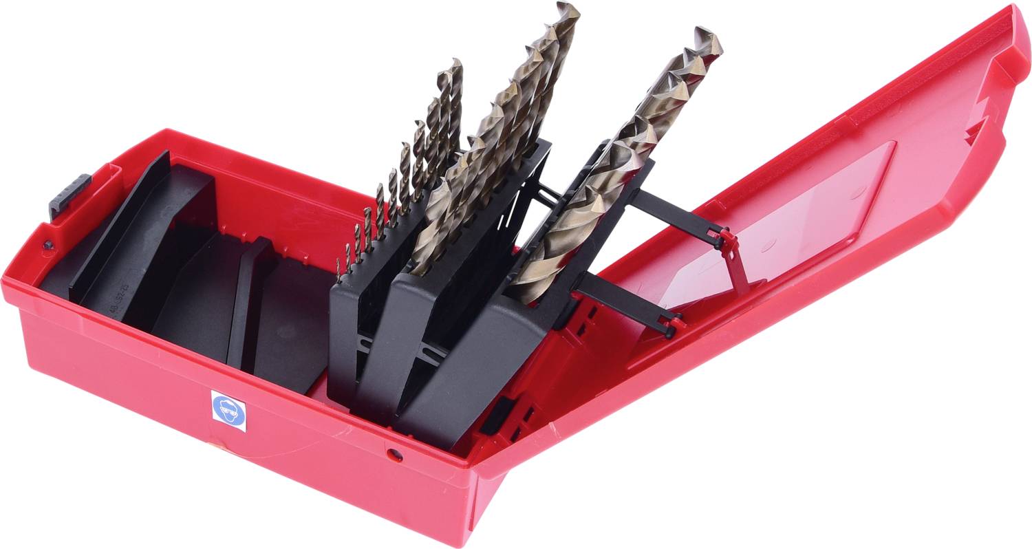 Rotes Kunststoffetui mit verschiedenen Bohrern in unterschiedlichen Größen. Das Etui ist offen und zeigt die Bohrer aufgefächert.
