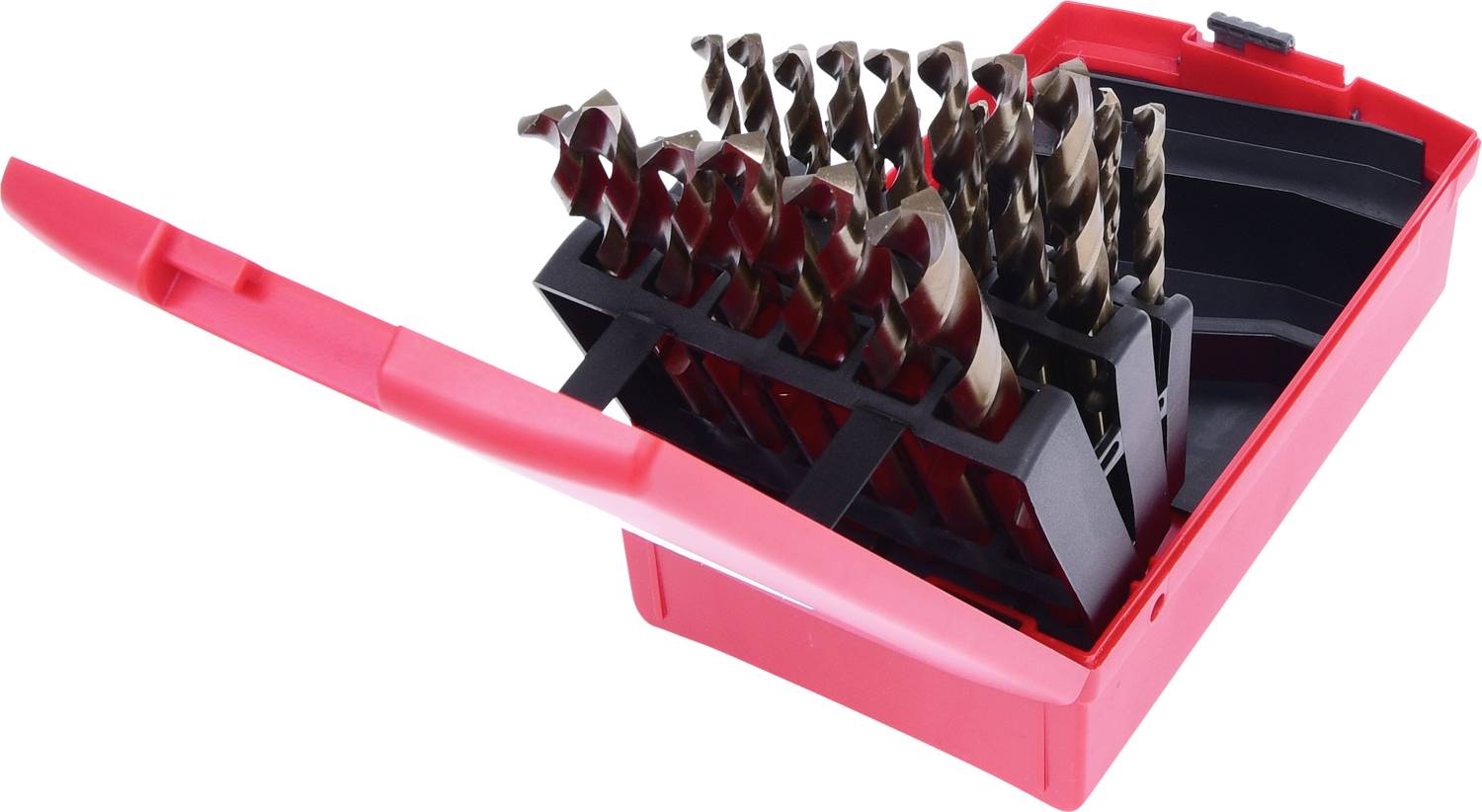 Ein geöffnetes rotes Etui mit einem Satz Bohrer in verschiedenen Größen, organisiert in Reihen.