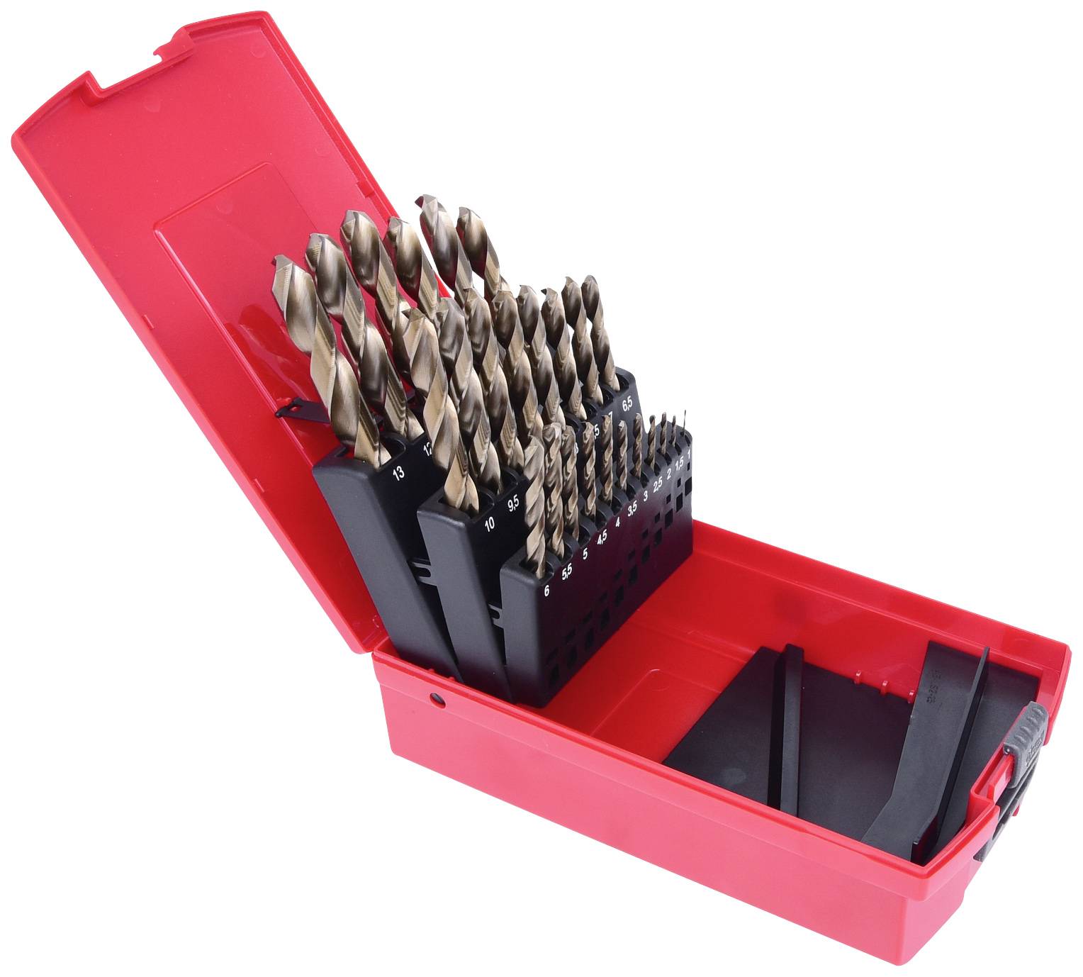 Ein roter Koffer mit verschiedenen Spiralbohrergrößen in einem geordneten Halter, geöffnet und bereit zur Verwendung.