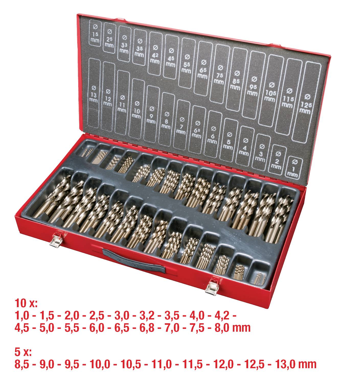 Ein roter Metallkoffer mit mehreren Reihen von Bohrern in verschiedenen Größen, von 1,0 mm bis 13,0 mm, übersichtlich angeordnet.
