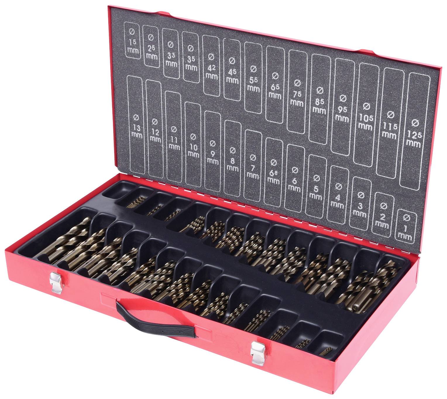 Bohrer-Set in rotem Koffer, verschiedene Größen von 1 mm bis 13 mm in nummerierten Fächern angeordnet. Werkzeug für präzises Bohren.