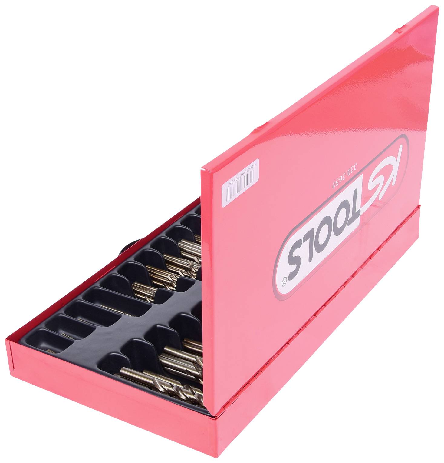 Ein rotes Etui mit 'KS Tools' Logo, teilweise geöffnet, zeigt Werkzeuge in Schaumstoffeinlagen.