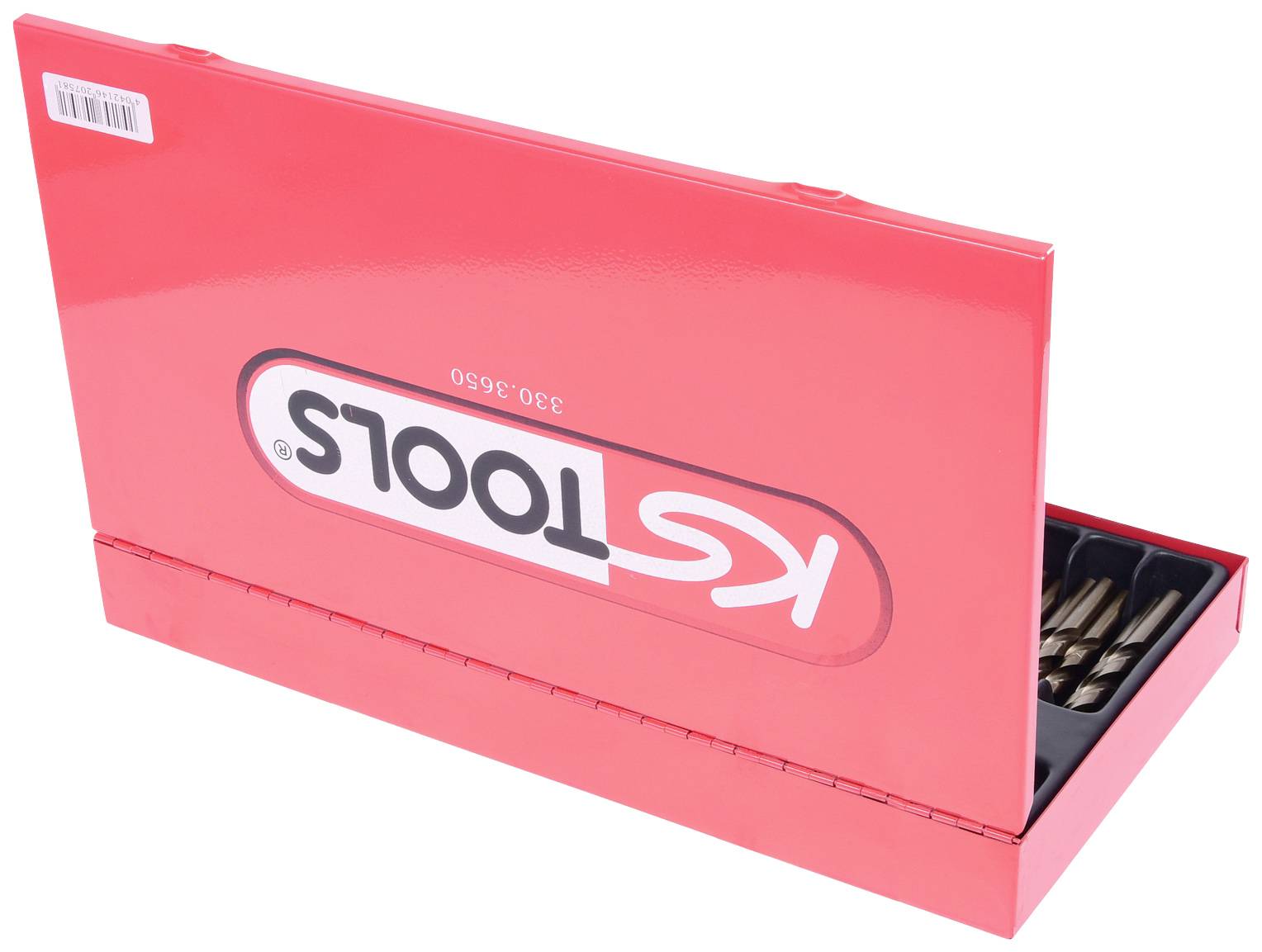 Roter Werkzeugkoffer mit schwarz aufgedrucktem 'KS TOOLS'-Logo, geöffnet und zeigt eine Auswahl von Werkzeugen im Inneren.