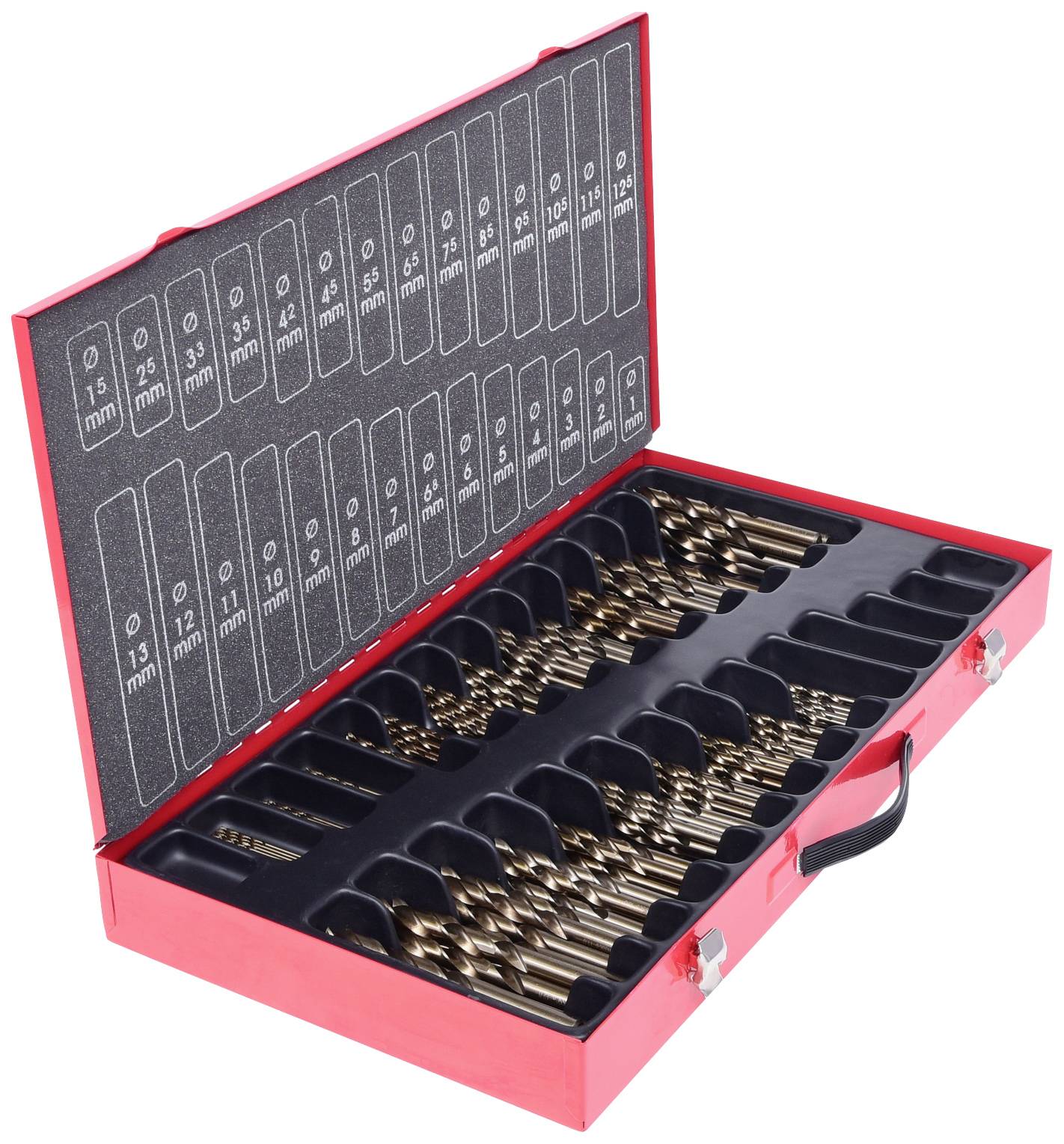 Ein roter Koffer mit offenen Deckel, der ein Set von Metallbohrern in verschiedenen Größen von 1 mm bis 13 mm zeigt, ordentlich eingeordnet.