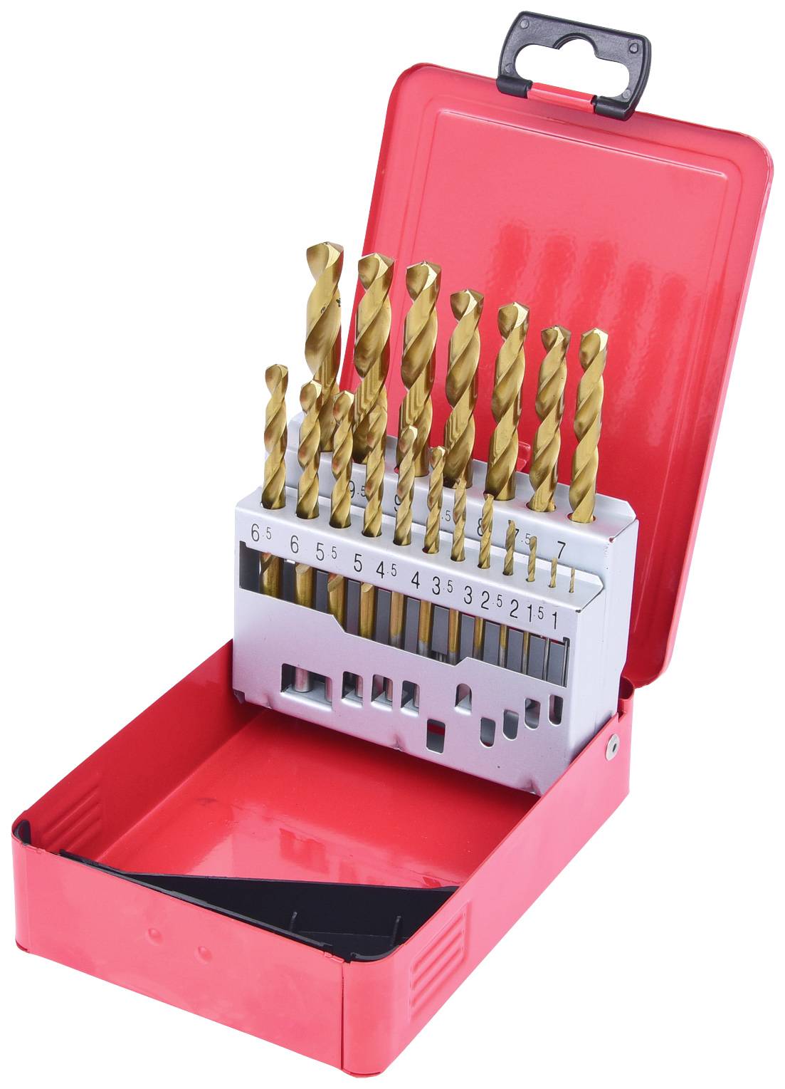 Bohrer-Set in einem roten Metallkasten, geöffnet. Verschiedene Größen von Bohrern sind ordentlich angeordnet und nummeriert.