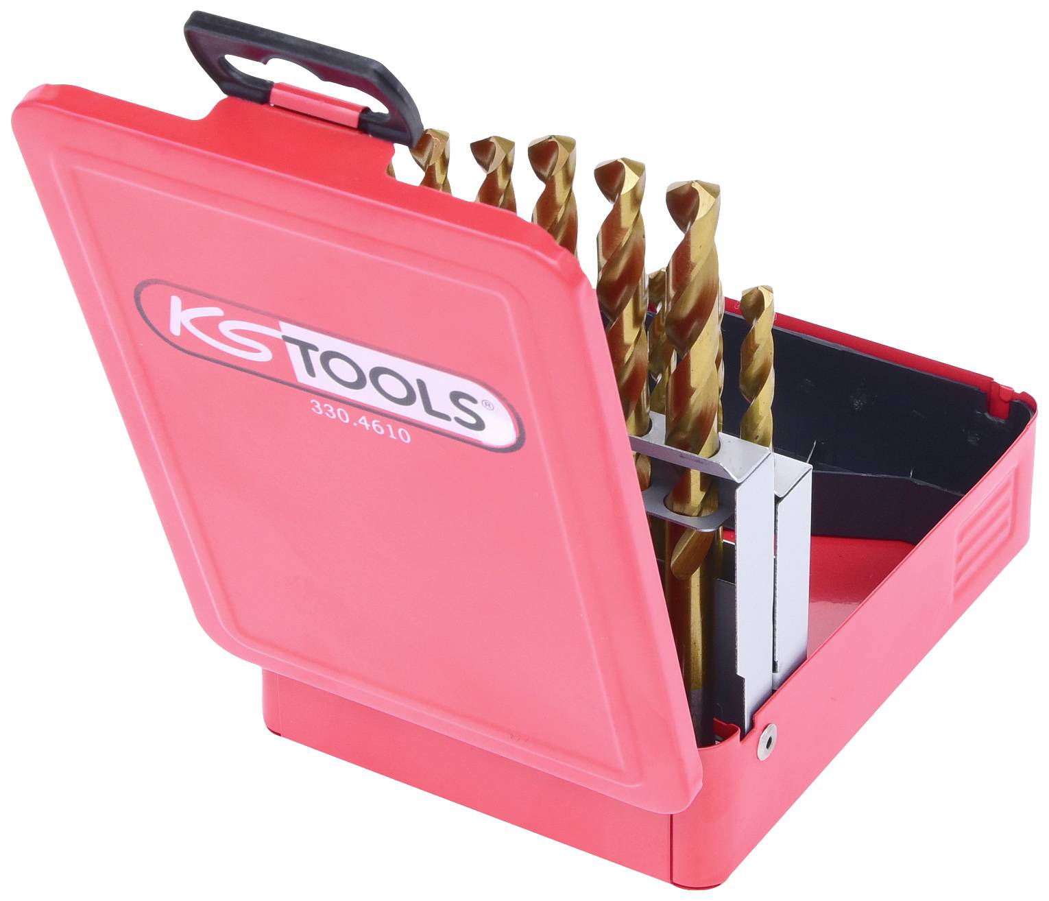 Ein rotes Kunststoffetui, geöffnet, zeigt sieben goldfarbene Spiralbohrer unterschiedlicher Größen von KS Tools.