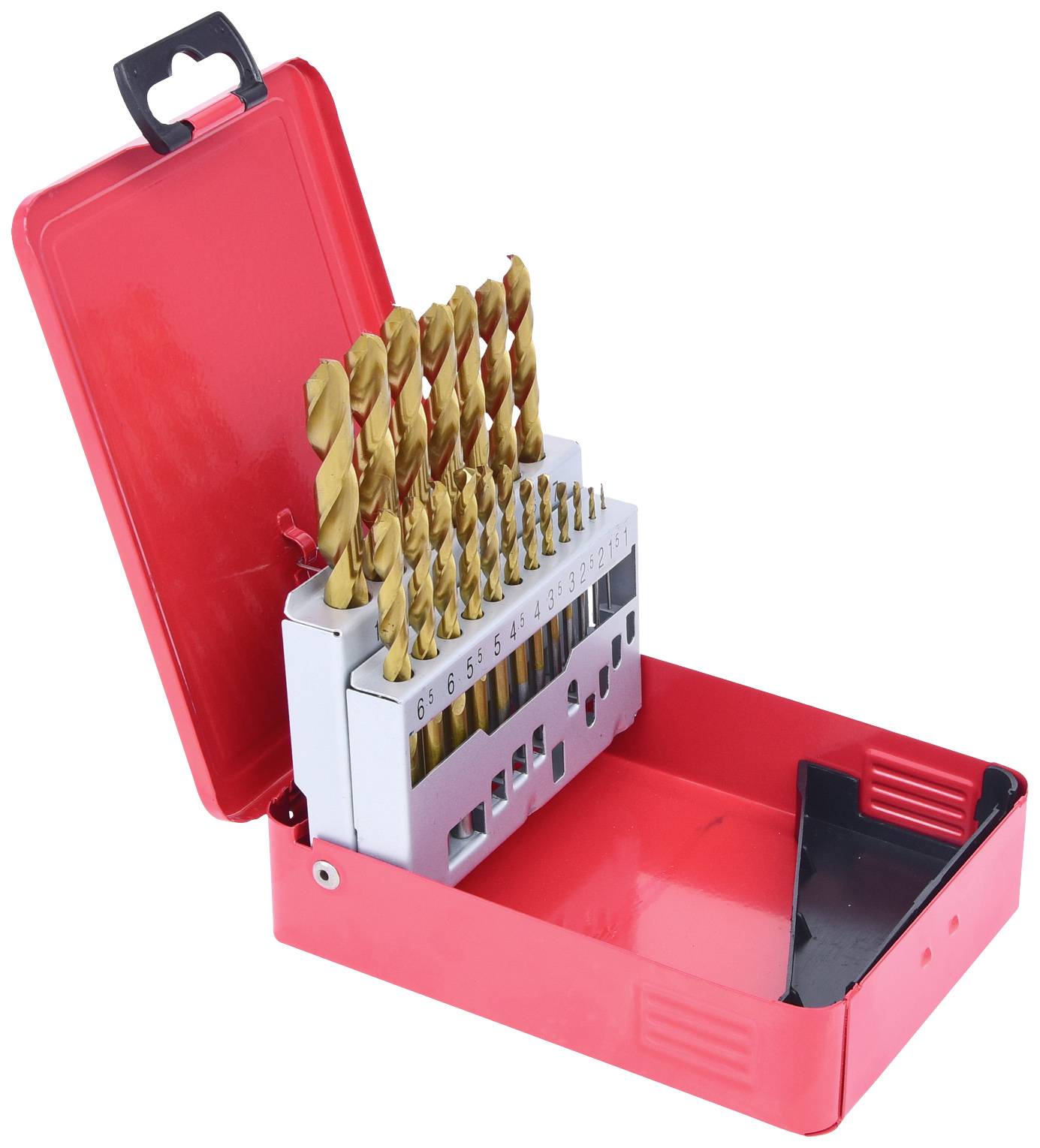 Roter Metallkasten mit geöffnetem Deckel, darin ein Satz goldener Bohrer in verschiedenen Größen angeordnet in einem Halter.