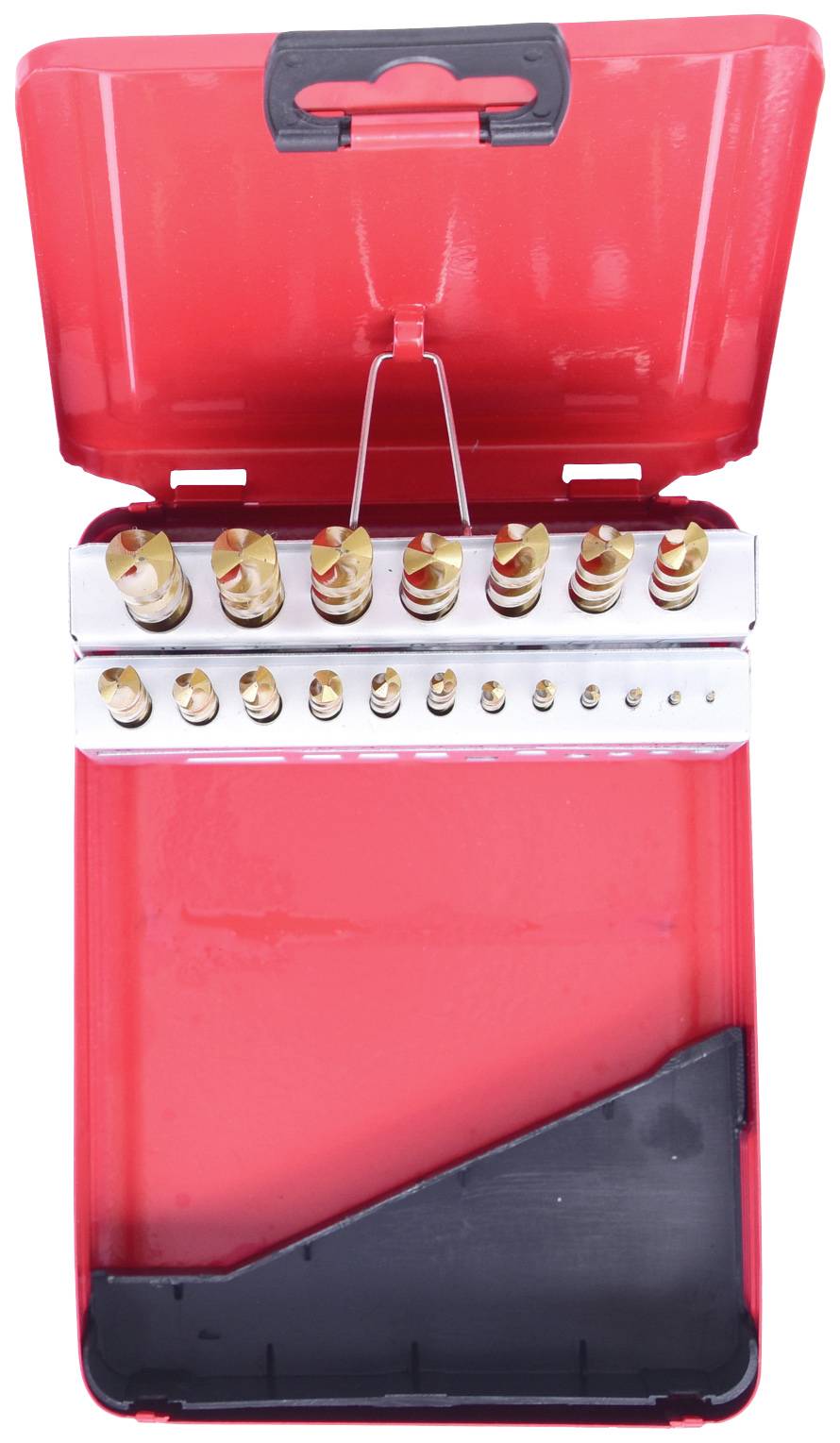 Ein geöffnetes, rotes Etui mit einer Reihe von Metallbohrern unterschiedlicher Größe.