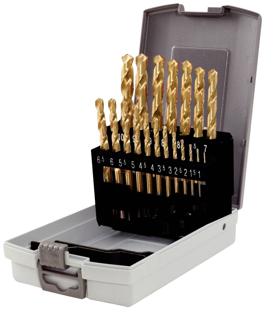 Satz goldener Bohrer in unterschiedlichen Größen, aufrecht in einem offenen, grauen Aufbewahrungskoffer mit schwarzem Einsatz arrangiert.