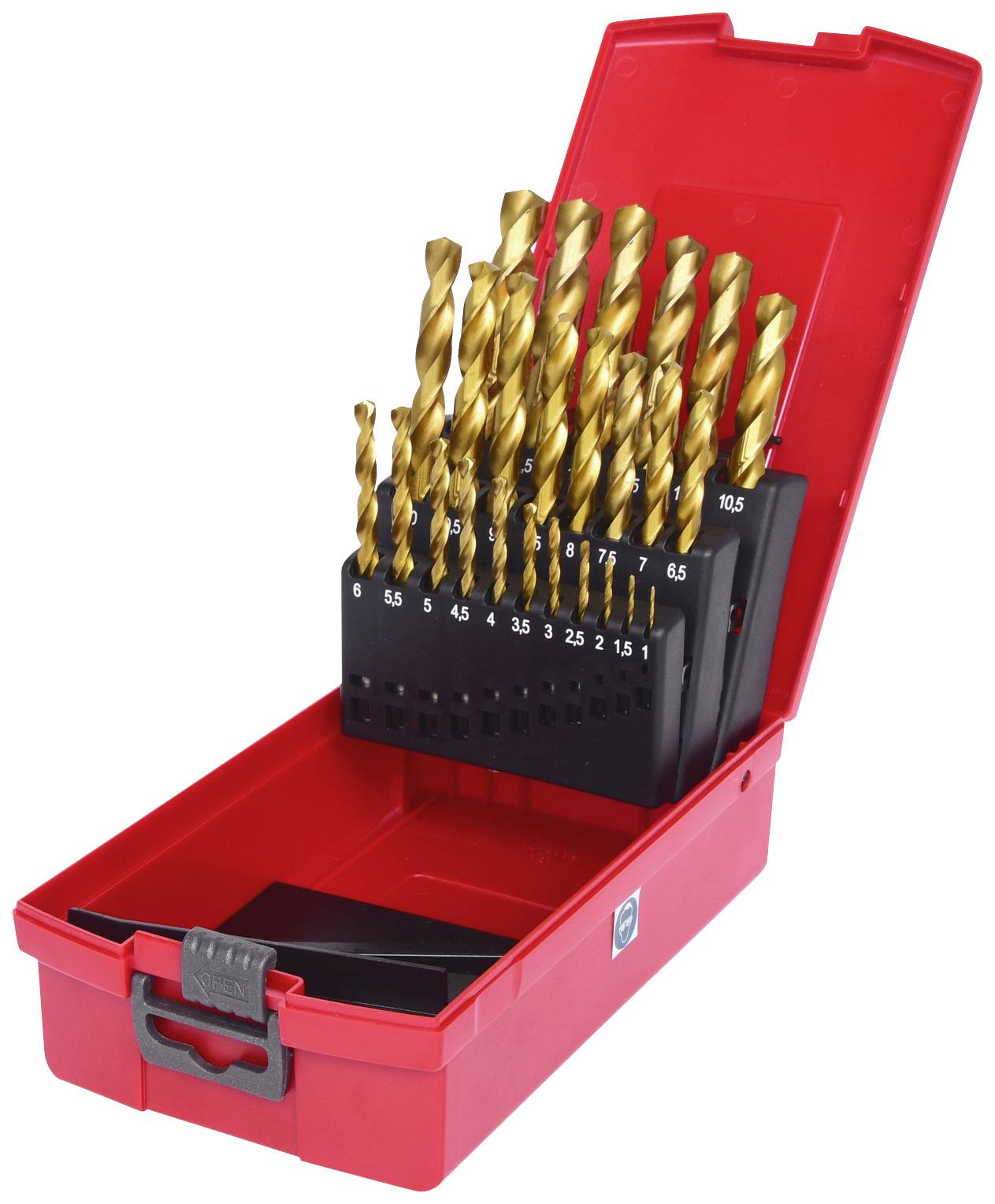 Rotes Etui mit mehreren Spiralbohrern in verschiedenen Größen, organisiert nach Durchmesser, von 1,0 bis 10,5 mm, aus Metall.