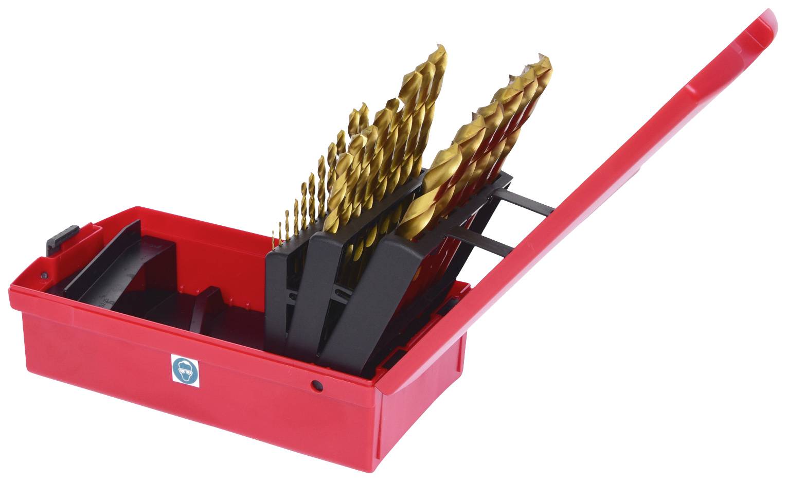 Ein rotes Etui mit offenen goldfarbenen Bohrern in verschiedenen Größen, übersichtlich angeordnet, bereit für den Einsatz.