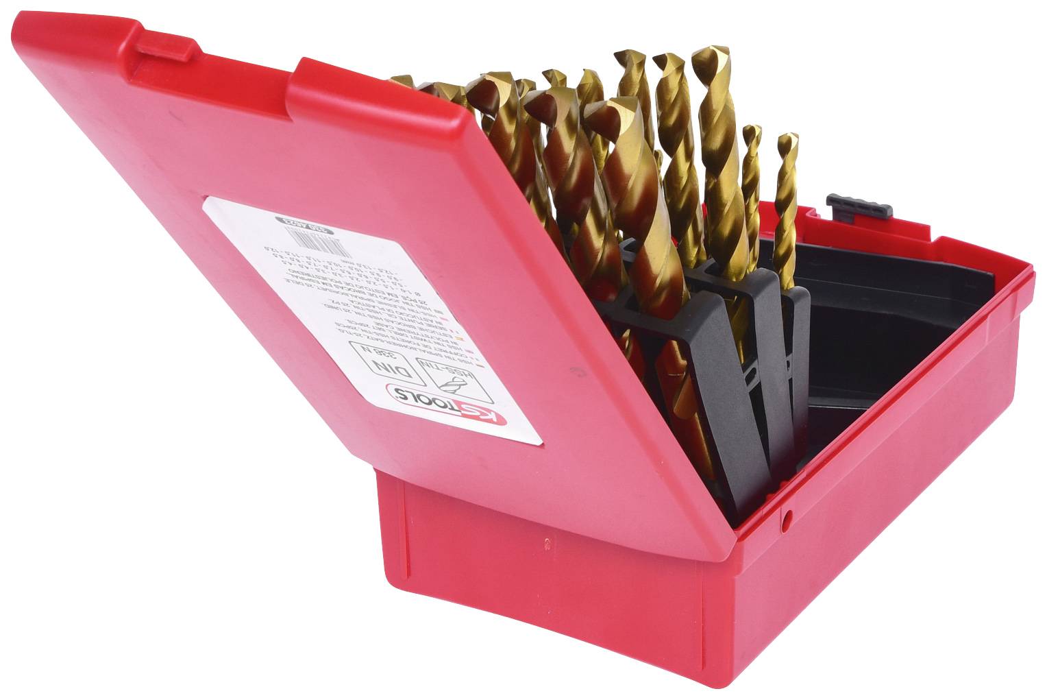 Roter Kasten mit geöffnetem Deckel, gefüllt mit verschiedenen Metallbohrern in unterschiedlichen Größen.