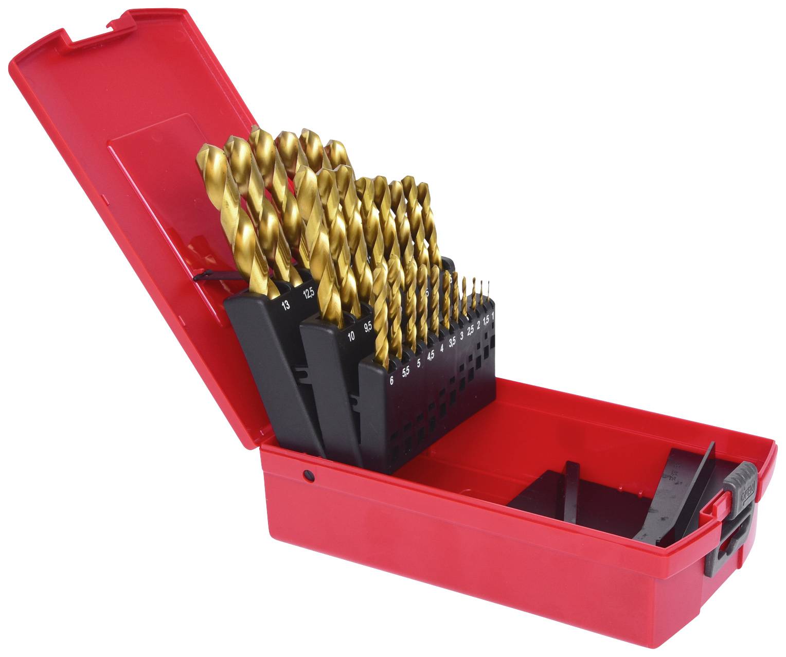 Satz mit goldfarbenen Spiralbohrern in einer offenen roten Kunststoffbox, angeordnet nach Größe.