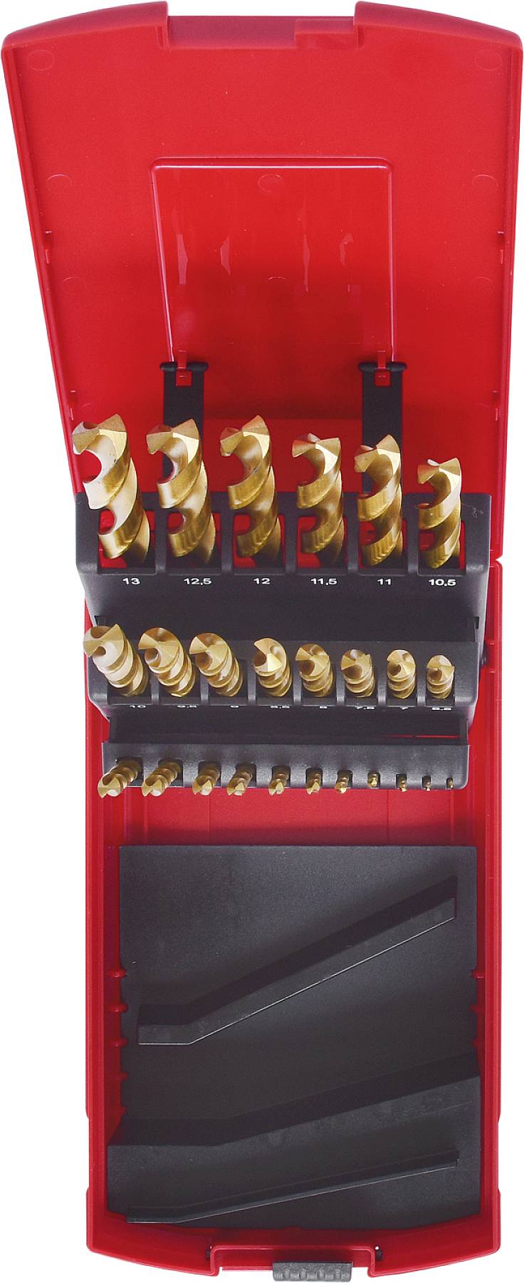Eine rote Box mit verschiedenen Bohrern unterschiedlicher Größe, geordnet in zwei Reihen, ideal für Heimwerkerprojekte.