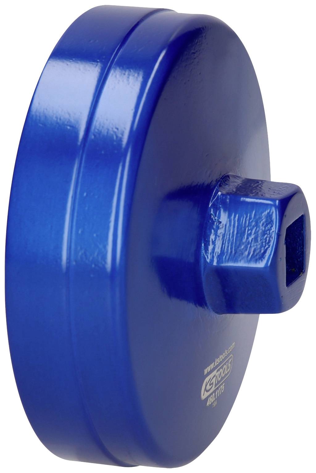 Blaues, zylinderförmiges, metallisches Bauteil mit quadratischer Öffnung an der Seite.