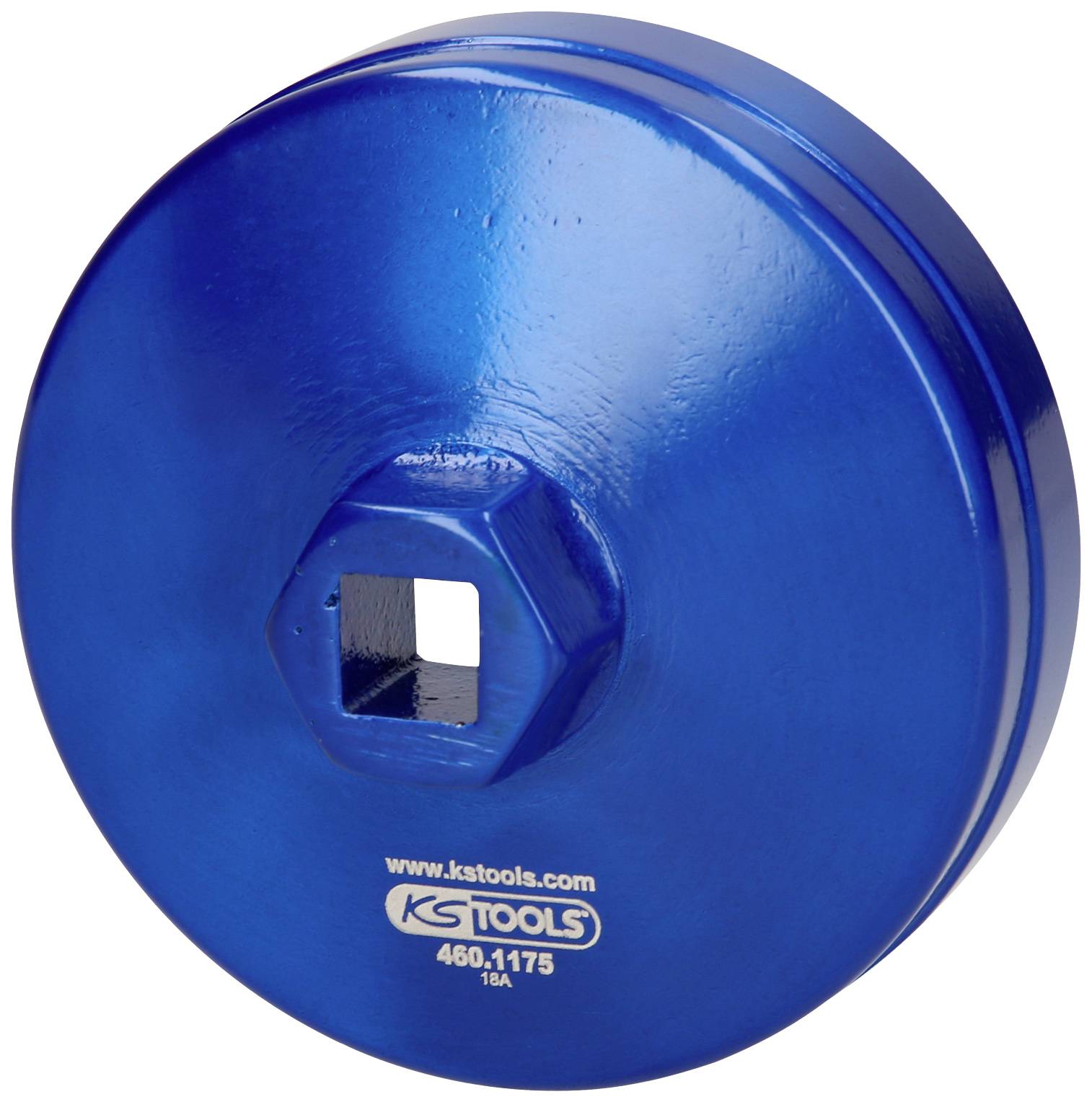 Blauer Schraubenschlüssel-Adapter von KS Tools, rund mit viereckiger Aussparung in der Mitte; geeignet für Radschraubenmontage.