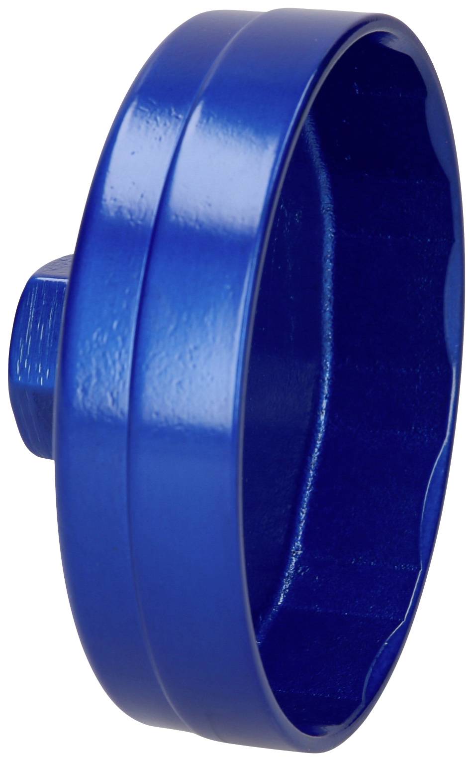 Blauer, runder Metallgegenstand mit einem geriffelten Rand und einer zentralen Erhebung. Mögliche Verwendung als Werkzeug oder Befestigungsteil.
