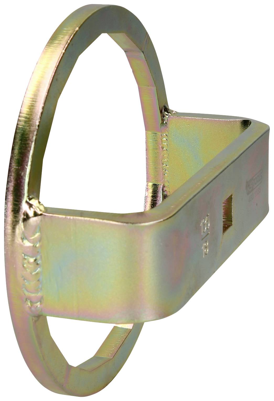 Metallischer Ringschlüssel mit rechteckigem Griff, seitlicher Ansicht, mit schimmerndem, mehrfarbigem Finish.