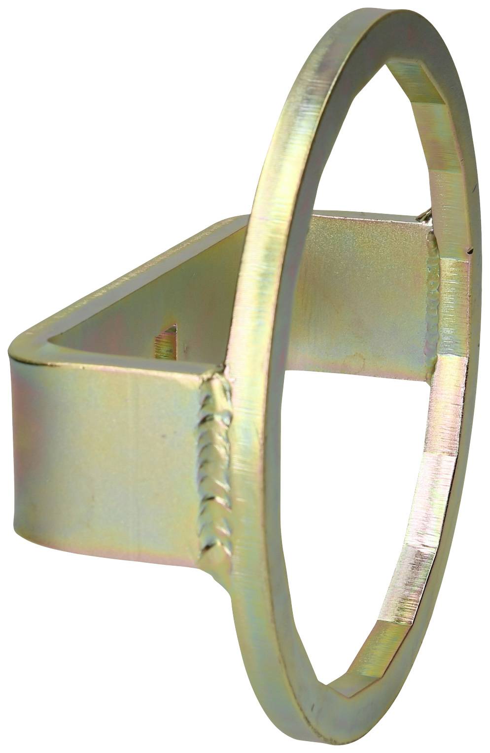 Metallring mit angeschweißtem, rechteckigem Rahmen. Die Oberflächen sind metallisch glänzend und reflektieren Licht leicht.
