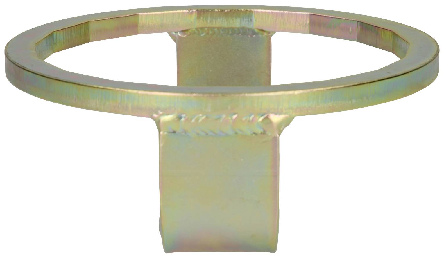 Metallischer ringförmiger Ständer mit glänzender, regenbogenfarbener Beschichtung.