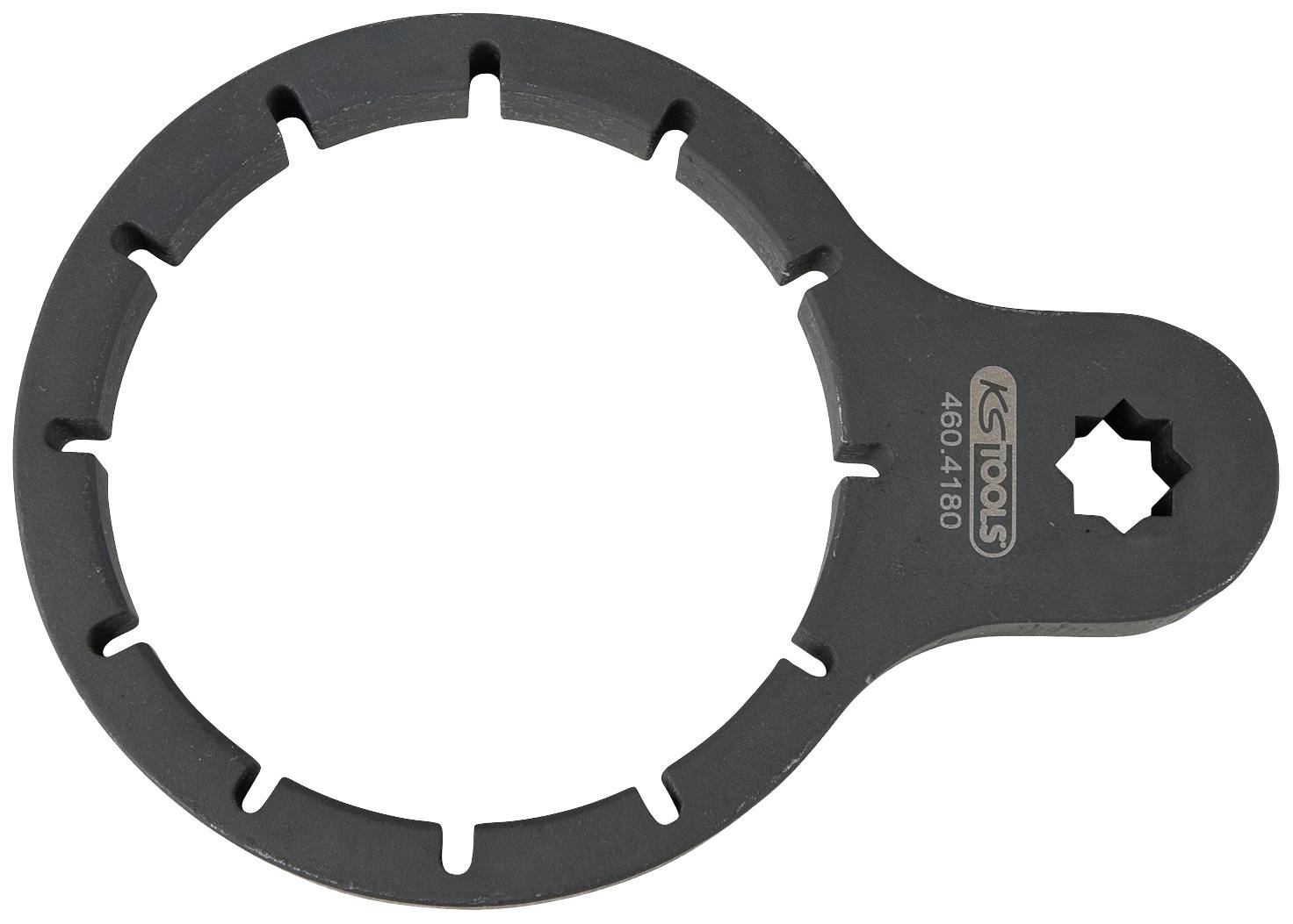 Ein schwarzer Schlüssel mit zwölf runden Einkerbungen, geeignet zum Lösen von Schrauben oder Muttern. Markenlogo 'KS Tools' auf der Seite.
