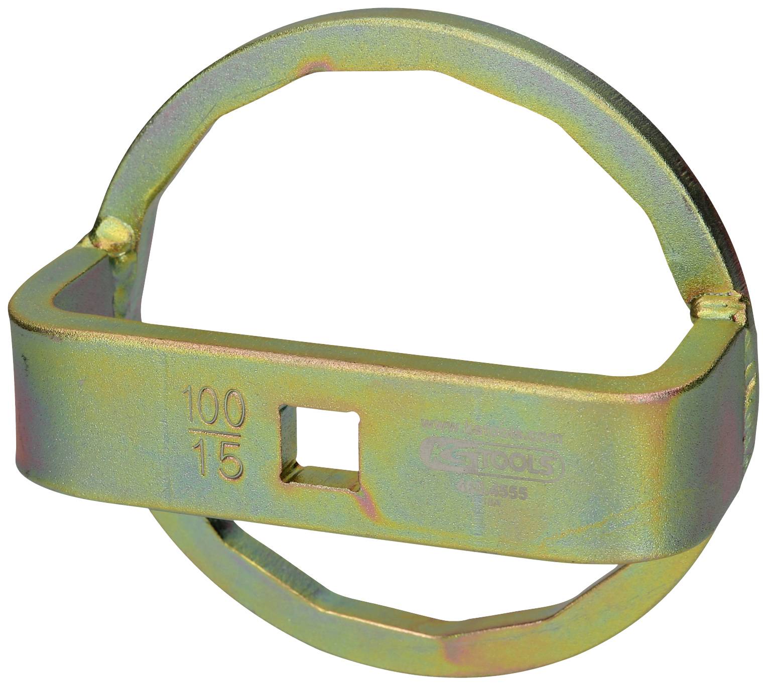 Metallischer Ölfilter-Schlüssel mit rundem Rahmen und quadratischem Einsatzbereich.