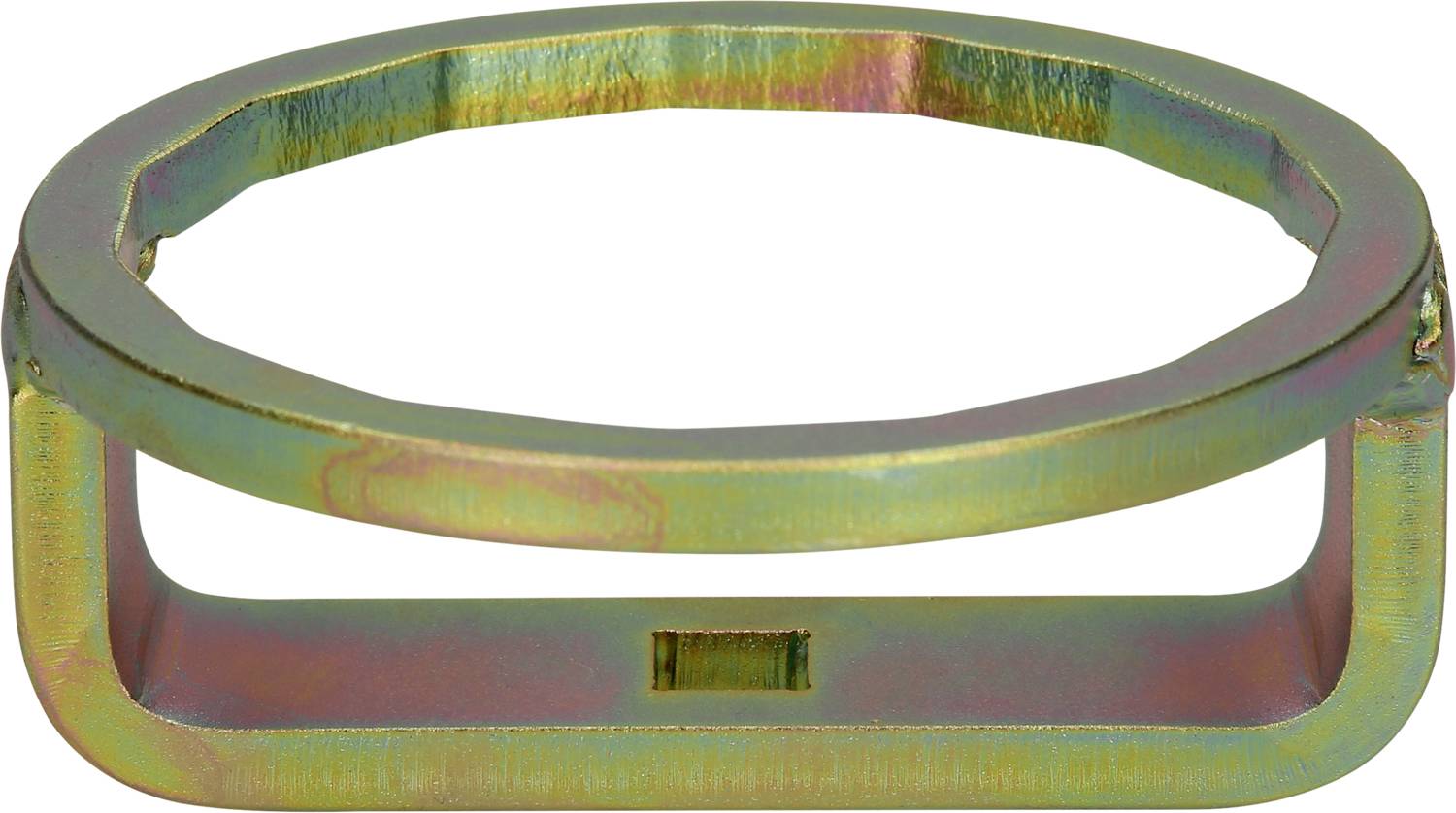 Metallclip mit rechteckiger Öffnung, irisierende Oberfläche. Verwendet zur Fixierung oder Befestigung in mechanischen Anwendungen.