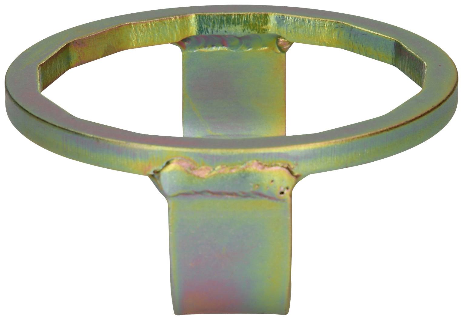 Metallischer Ring mit sechseckiger Öffnung, regenbogenfarben schimmernd, vermutlich Werkzeug oder Maschinenteil, auf weißem Hintergrund.