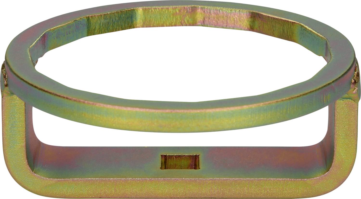 Ein ovaler Metallring mit schimmernder, regenbogenfarbener Beschichtung, offen an den Seiten, auf weißem Hintergrund.