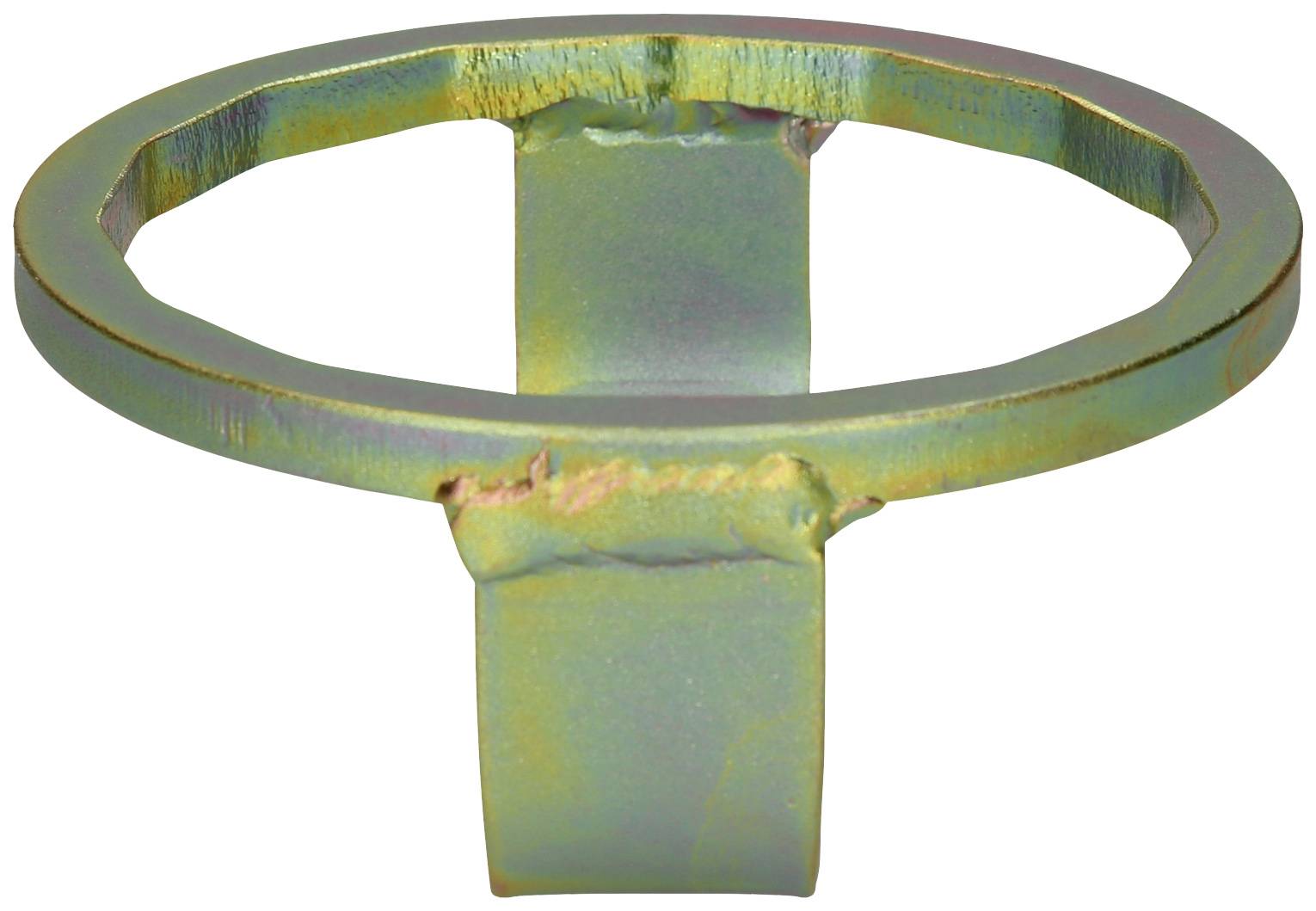Metallischer Ring mit schillernder Oberfläche, schwebend über einem quaderförmigen Sockel.