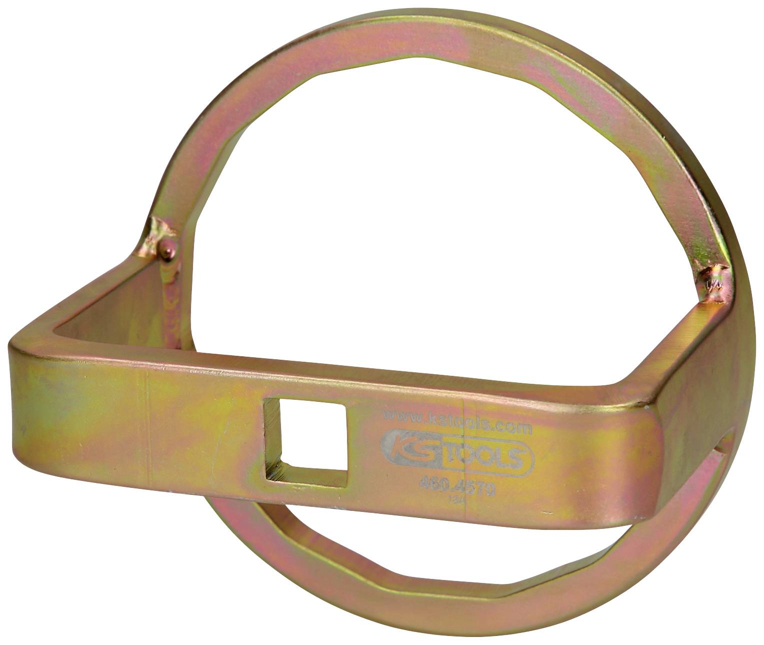 Ein goldener Metall-Ring mit rechteckiger Halterung und quadratischer Öffnung, verwendet für technisches Werkzeug oder Maschinenteil.