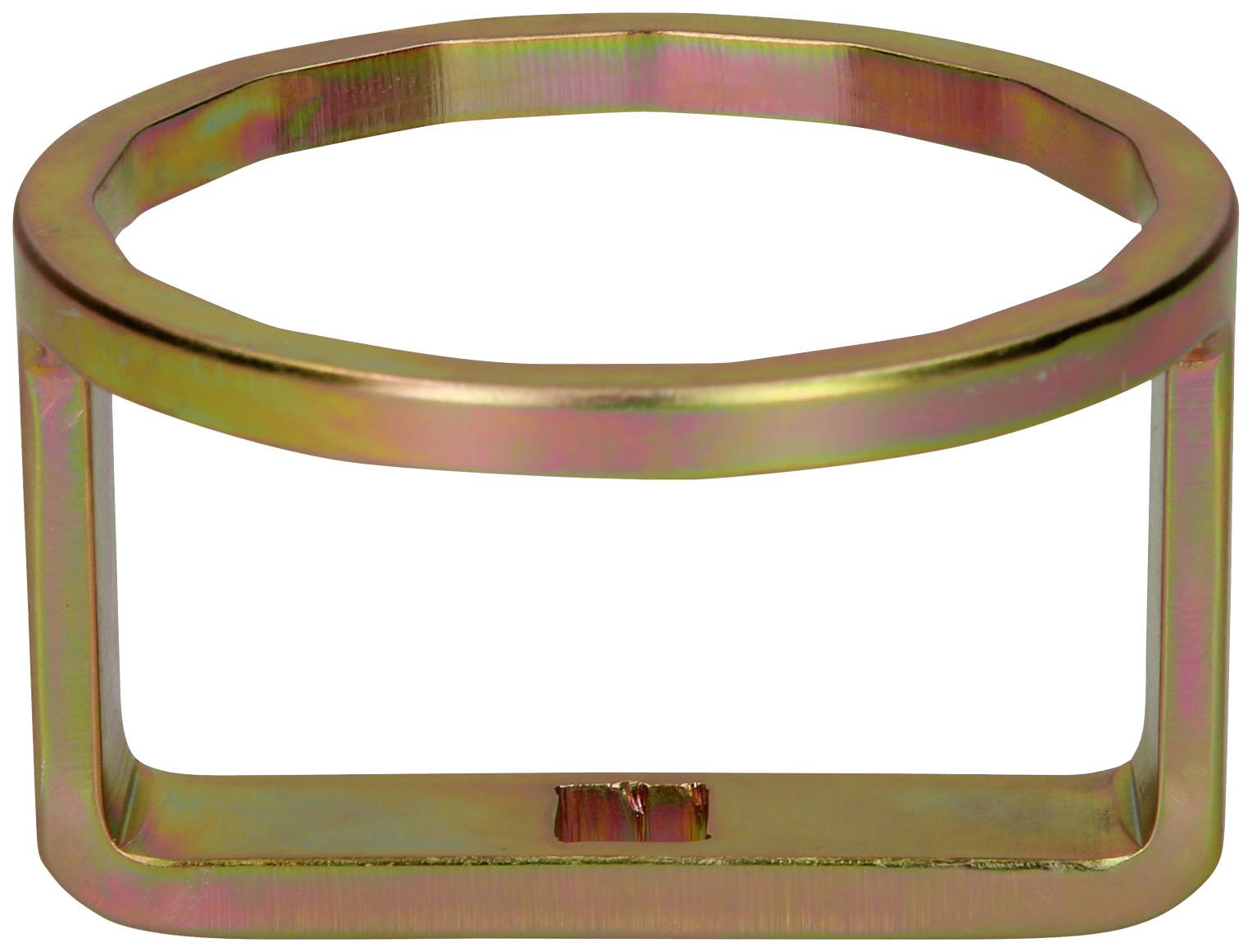 Ein goldfarbener, rechteckiger Metallring mit unregelmäßiger Form und glänzender Oberfläche, gezeigt auf weißem Hintergrund.