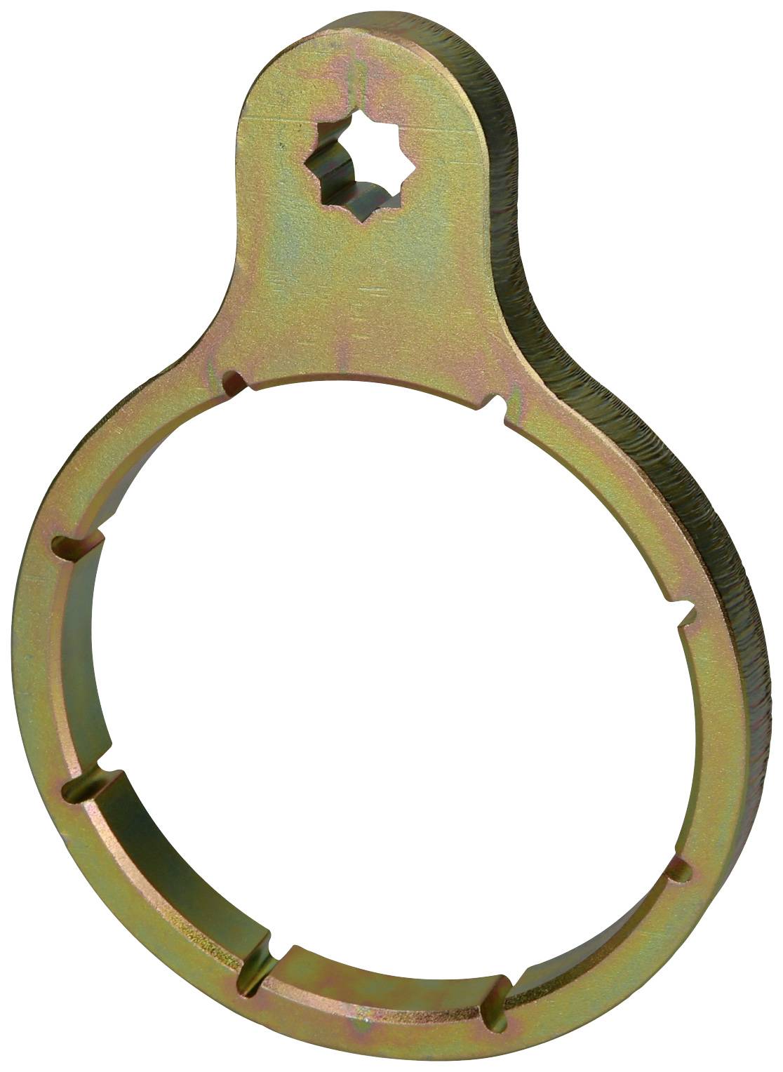 Ein kreisförmiges Metallwerkzeug mit einem kleinen sechseckigen Loch oben und mehreren Kerben um den Rand des Kreises.