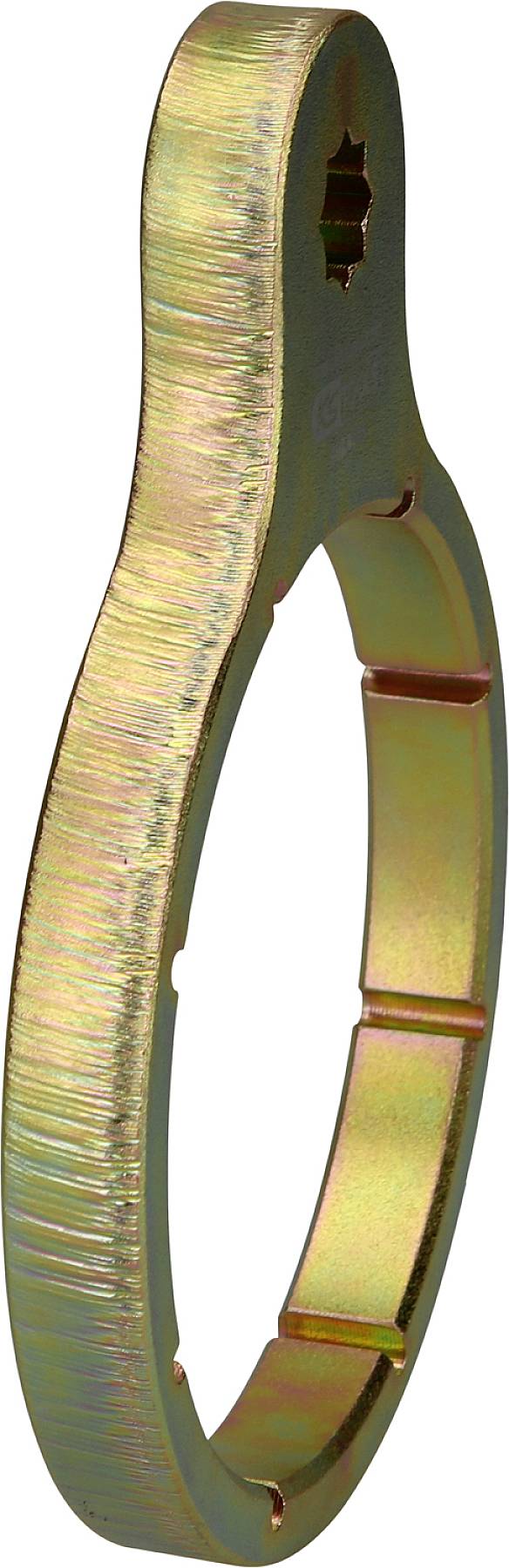 Ein metallenes Spezialwerkzeug mit ringförmigem Design, glatt glänzend, scheint für bestimmte technische Anwendungen geeignet.