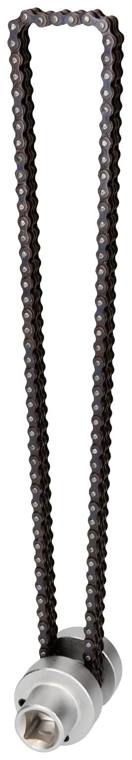 Metallkette an einem zylindrischen Zahnrad befestigt. Die Kette bildet eine Schleife um das Zahnrad, das aus Metall besteht.