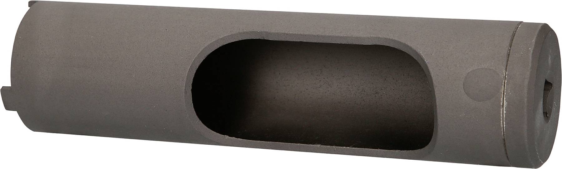 Zylindrisches Metallobjekt mit rechteckiger Öffnung und flachem Ende, möglicherweise Teil eines mechanischen Systems oder Werkzeugs.