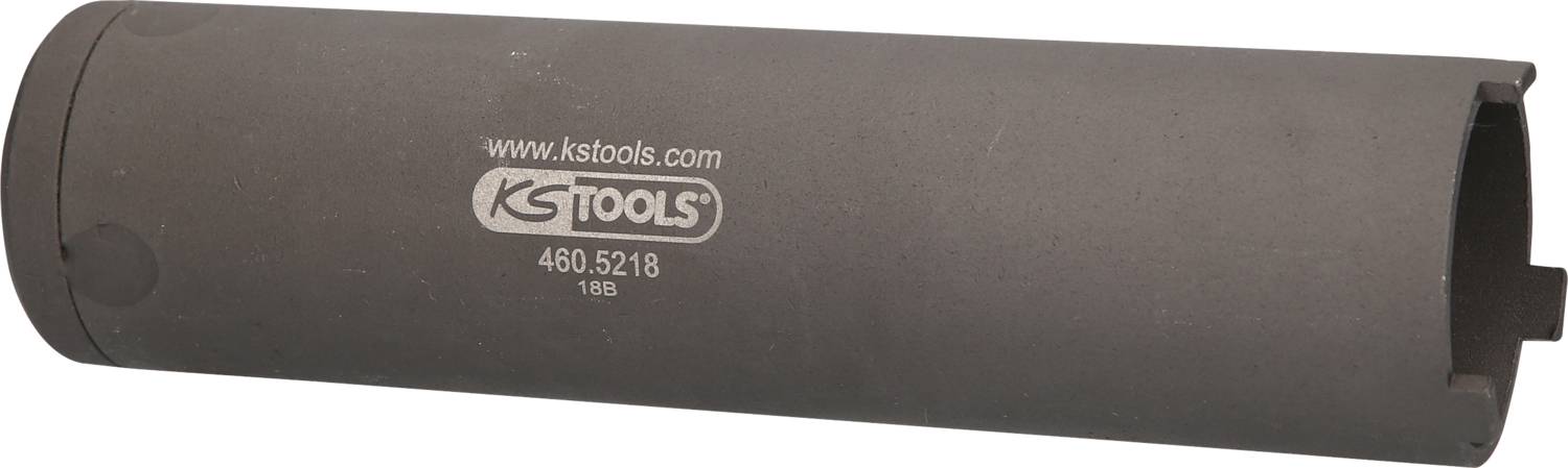 Eine schwarze Stecknuss mit der Aufschrift 'ks tools 460.5218 1¼B', die für den Einsatz in Verbindung mit Schraubenschlüsseln geeignet ist.