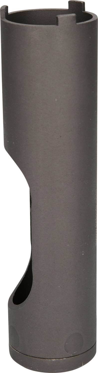 Dunkler, zylindrischer Metallkörper mit Aussparungen und glatten Oberflächen, möglicherweise ein Werkzeug oder mechanisches Teil.