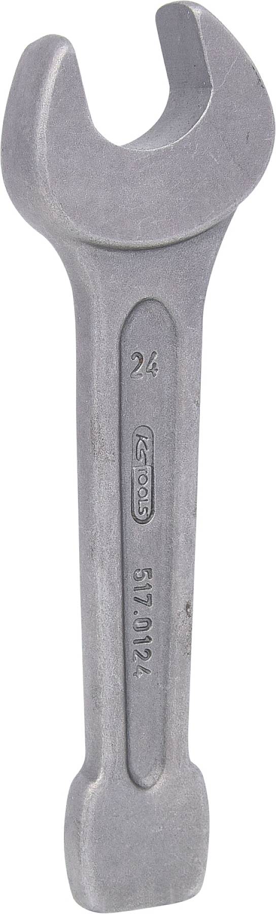Ein silberner Schraubenschlüssel mit offener Maulform, angemerkt mit der Größe '24'. Geeignet für mechanische Arbeiten.